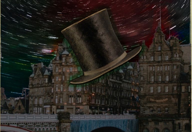 Promotional Image for What the Dickens. The black top hat of Charles Dickens appears to be falling trhough time with a backdrop of Edinburgh Old Town 