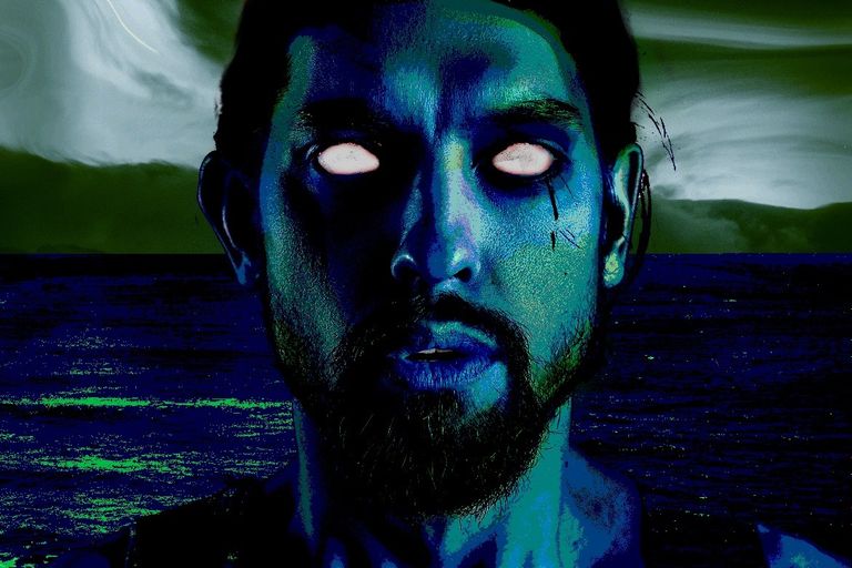 Promotional Image for The Blue Men of the Minch. A Blue skinned demon with thr backdrop of a spooky and demonic sky and sea